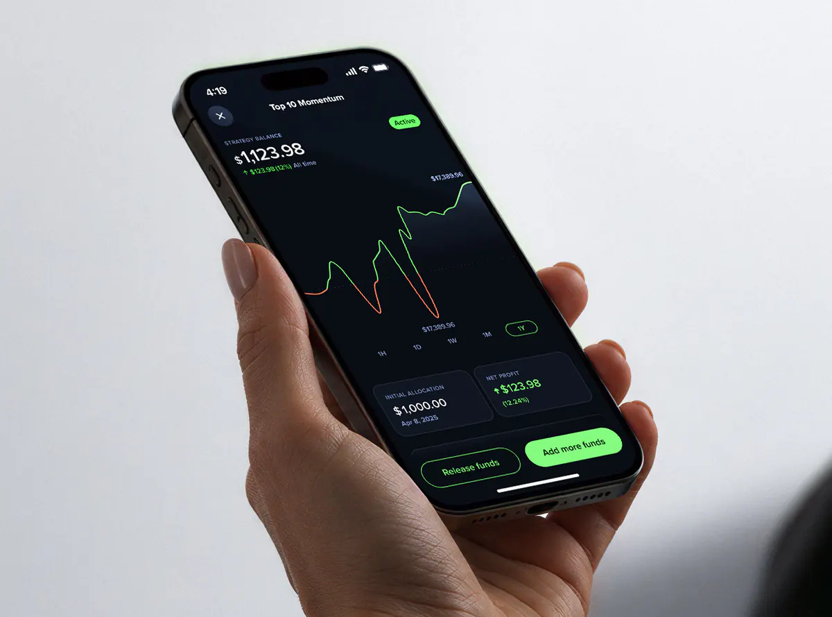 A hand holding a phone showing the Uphold Autopilot Top 10 Momentum strategy, with a $1,123.98 balance and a $123.98 net profit.