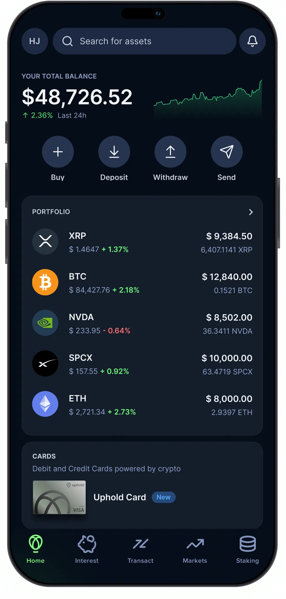 The Uphold app showing a $48,726.52 total balance, buttons to buy, deposit, withdraw and send, and a portfolio of XRP, BTC, NVDA, SPCX and ETH.